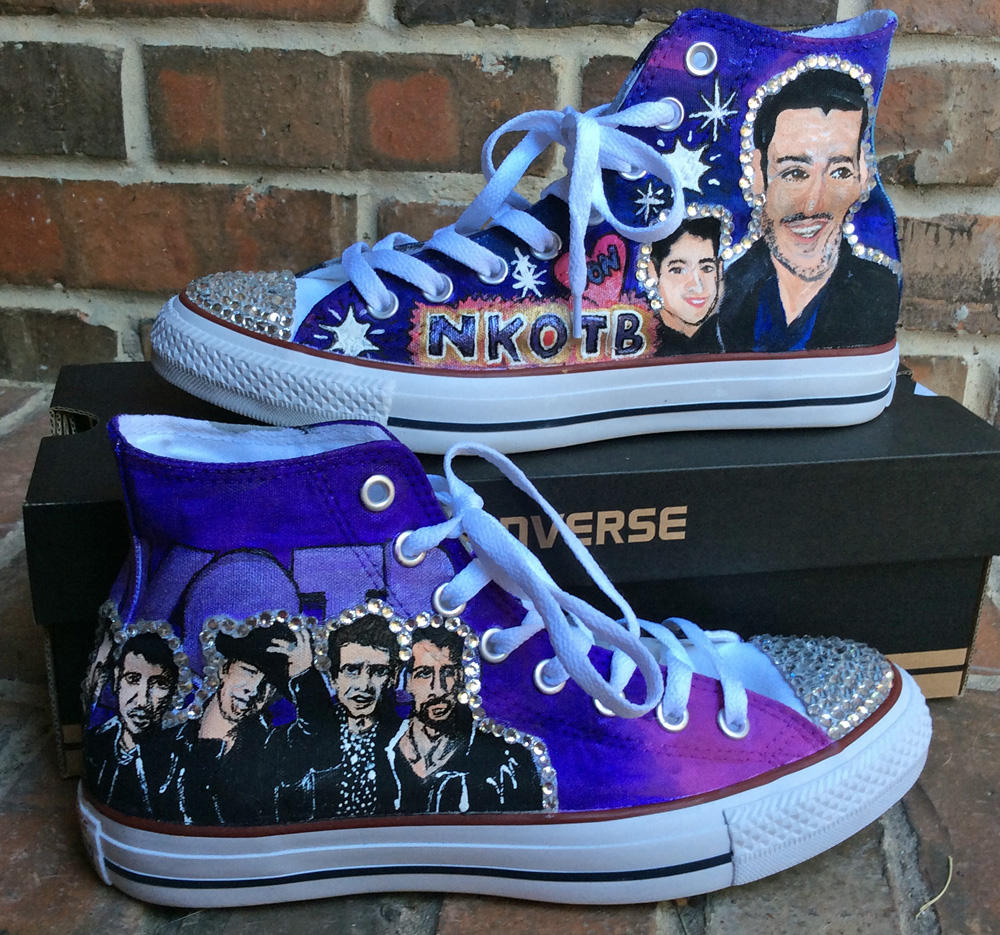 Boy Band Painted Converse High Tops Custom Painted Shoes for Nkotb Fan, 90s Music Festival Concert Gear with Rhinestone Crystal Bling Womens