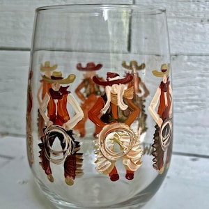 Hand Painted Cowboy and Cowgirl Stemless Wine Glass, Stemware, shades of browns, Western Glassware for Ranch Style Decor, Horse, Cattle