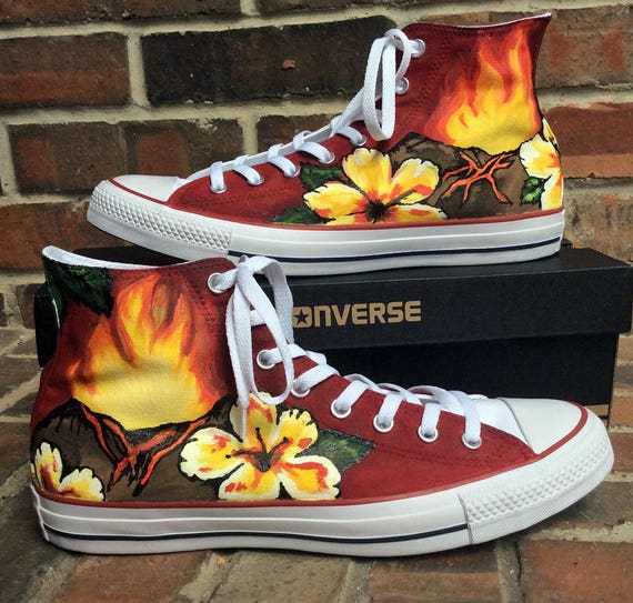 Custom Hand Painted Flames on Black Converse High Tops Fire 