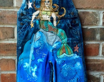 Denim Overalls Hand Painted Mermaid Outifit for Little Girls Birthday Party, Personalized Clothing for Toddler, Fairy Princess Under the Sea