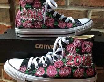 Converse Hi Top Shoes with Roses Prom or Graduation 2018 Chuck Taylors, Custom Handpainted Tennis Shoes, Formal, High School Student, Grad