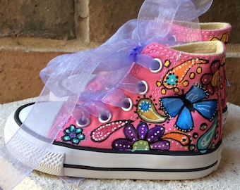 Unique Custom Converse Shoes,  Youth Sizes with Ribbon Laces, Personalized gift, Butterfly Paisley Garden Bohemian Wedding Flower Girl Shoes