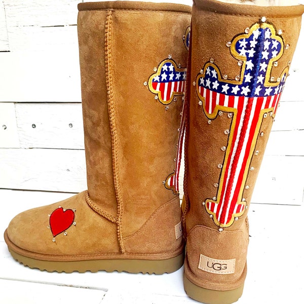 Custom Uggs American Flag Cross and Bling, Patriotic Red White and Blue Hand Painted Design Send me Your Boots, DESIGN FEE ONLY