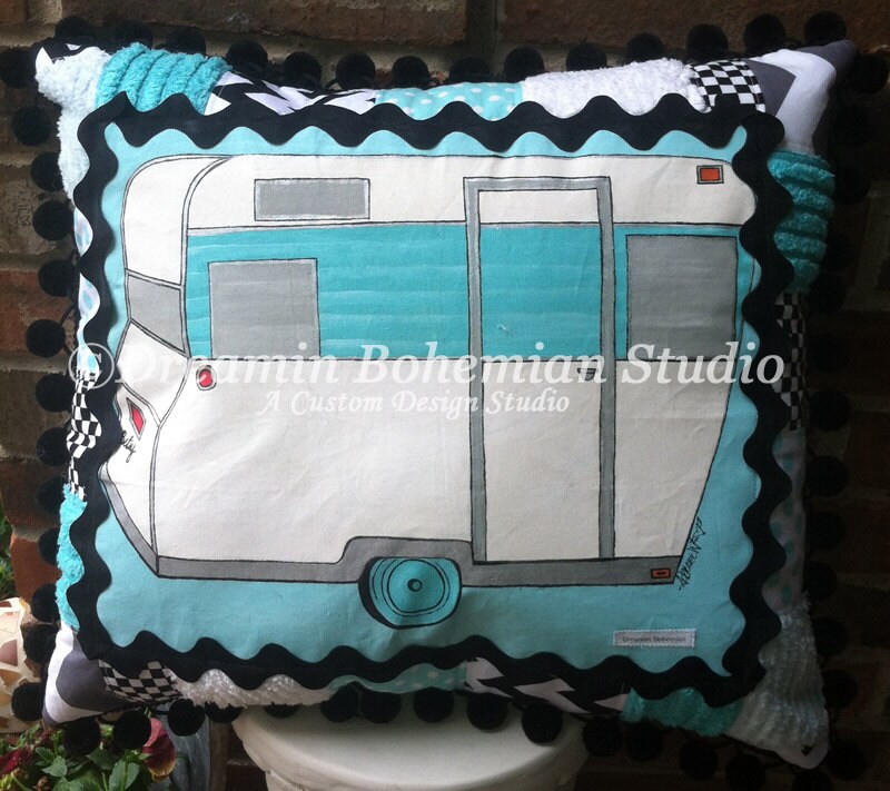 Travel Trailer Decor Hand Painted Pillow Turquoise Bedding Etsy