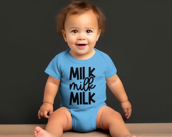 Baby Onesie met melk melk melk tekst, zwart-wit afbeelding, schattige baby bodysuit, pasgeboren cadeau idee