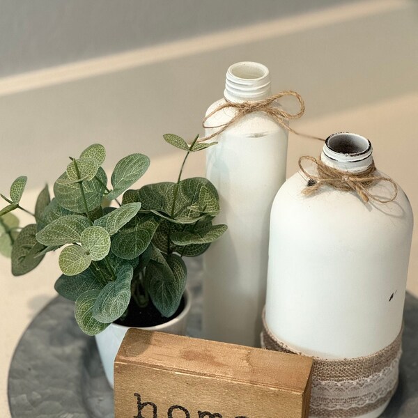 Farmhouse Rustic Vase and Bottle (x2) - Distressed White