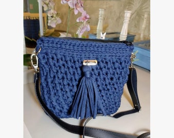 Handmade Knitted Yarn Crochet Women's Bag with Black Adjustable Eco-Lather Strap