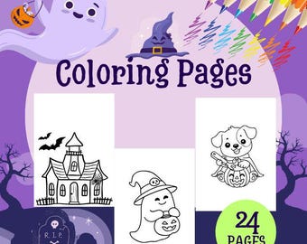 May include: A Halloween-themed coloring book cover with the words "Coloring Pages" in purple. The image features a cartoon ghost, witch hat, and three coloring pages with Halloween illustrations. The book contains 24 pages.