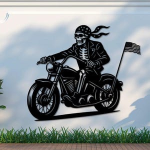 Skeleton Biker Metal Wall Art, American Flag Biker Skeleton Sign, Motorcycle Garage Art, Rebellious Rock Style, Man Cave Wall Art,Motorcycle
