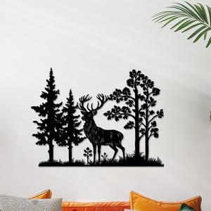Decorazione murale in metallo con cervo, decorazione murale con albero e montagna, decorazione murale con vista sulla natura, decorazione murale in metallo con fauna selvatica, decorazioni murali per la casa con paesaggio forestale