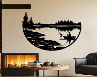 Metal Fisherman Wall Art, Lake House Decor, Nature Lover Gift, Fisherman Sign, Fisherman'S Gift, Nature Lover Gift, Forest Scene Art