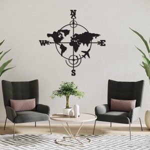 Decoración de pared de metal con brújula y mapa del mundo, decoración de pared de metal con mapa del mundo, decoración de pared de metal con brújula y continente, arte de pared de metal con brújula, mapa del mundo de metal