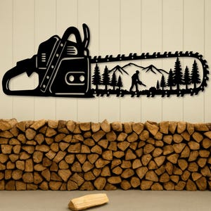 Decorazione murale in metallo con motosega da boscaiolo, arte con attrezzi da boscaiolo, decorazione murale in metallo con officina del boscaiolo, arte del taglio del legno, regalo rustico con attrezzi, decorazione murale per garage