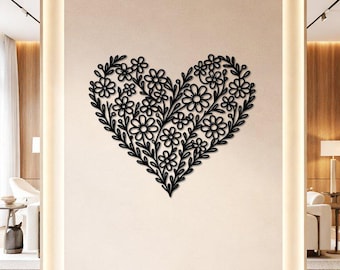 Corazón floral de metal para pared, decoración de pared con forma de corazón de flores, letrero de pared romántico de metal, regalo de aniversario de bodas, arte de corazón de flores, regalo de boda