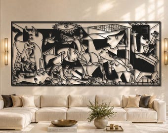 May include: A large, black and white metal wall art piece depicting a cubist scene hangs above a modern living room sofa. The artwork features abstract figures and shapes, creating a striking contrast against the neutral-toned walls and furniture. The room is bathed in natural light.