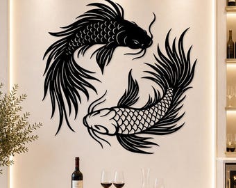 Arte de pared de peces koi en metal, decoración de pared Yin Yang, decoración zen japonesa para el hogar, escultura minimalista de metal, regalo Feng Shui, arte de pared de peces koi