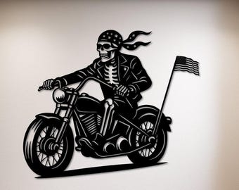Skeleton Biker Metal Wall Art, American Flag Motorcycle Garage Decor, Motorcycle Garage Art, Rebellious Rock Style, Man Cave Wall Art