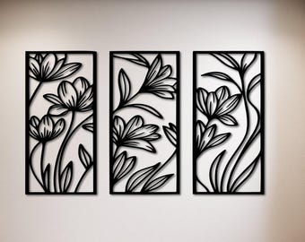 Floral Metal Wall Art Set, Modern Living Room Decor, Set Of 3 Large Metal Wall Art, Bedroom Wall Decor, Flower Wall Decor, Metal Wall Art