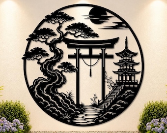 May include: A circular black metal wall art piece featuring a laser-cut silhouette of a Japanese landscape. The design includes a large bonsai tree on the left, a central torii gate, a multi-tiered pagoda on the right, and a full moon above.