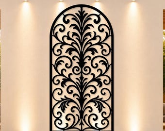 Arte de pared de metal arqueado, elegante panel con volutas, para interiores y exteriores, panel de pared de metal ornamental, panel decorativo clásico, arte moderno clásico para el hogar.