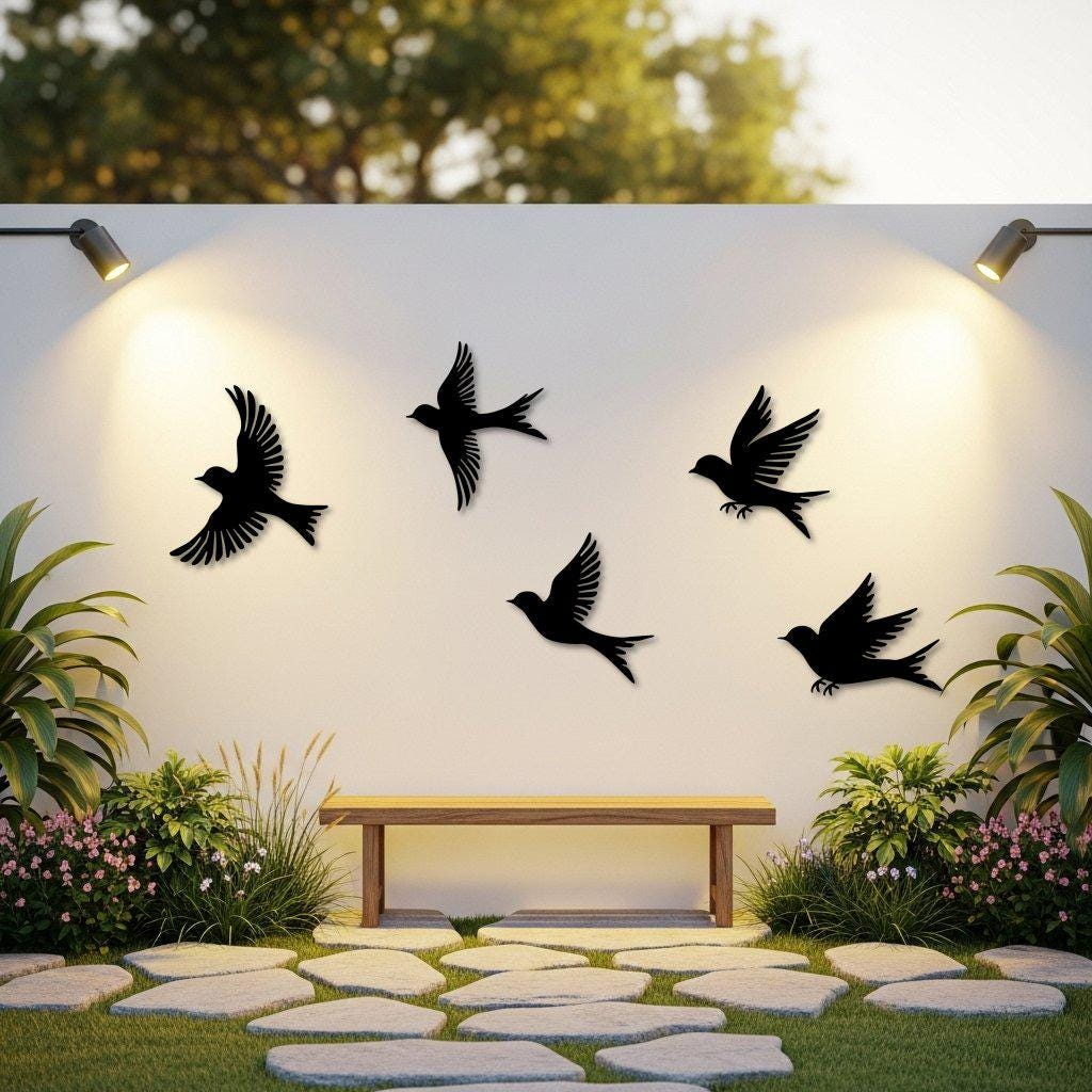 Birds Metal Wall Art, Modern Home Decoration, Set of 5, Bird Flock Art ...
