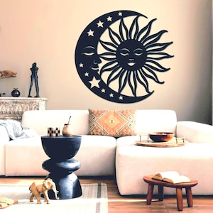 Arte de parede em metal com sol e lua, decoração mística celestial para casa, placa dia e noite, presente de inauguração, decoração mística para casa, arte de parede para sala de estar