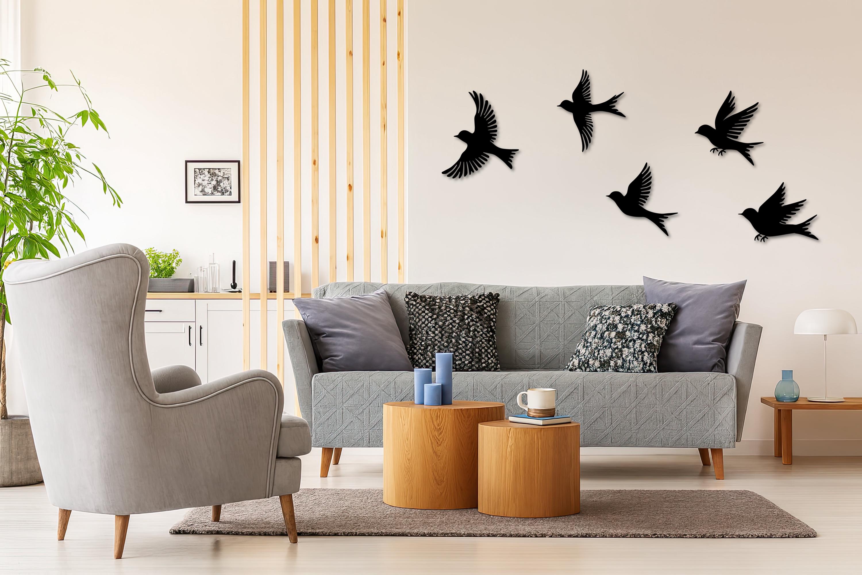Birds Metal Wall Art, Modern Home Decoration, Set of 5, Bird Flock Art ...