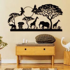 African Safari Metal Wall Art, Wildlife Silhouette Decor, Elephant And Giraffe Metal Wall Art, Safari Animals Wall Art, African Nature Scene