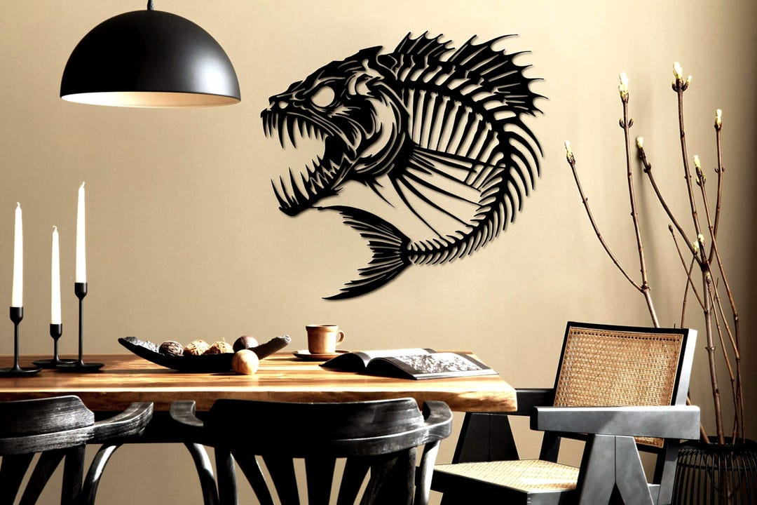 マイケル ルー 版画アート Interior with Rising Fish Trout Mountains Fish Design - Metal Wall Art