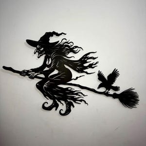 Metal Witch Wall Art: Halloween Spooky Sign, Flying Broom Decor