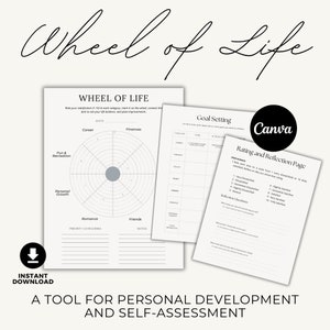 May include: A printable wheel of life diagram with categories for career, finances, fun & recreation, personal growth, romance, and friends. The diagram is designed to help users assess their satisfaction in each area of life. The document also includes a goal setting section and a rating and reflection page.