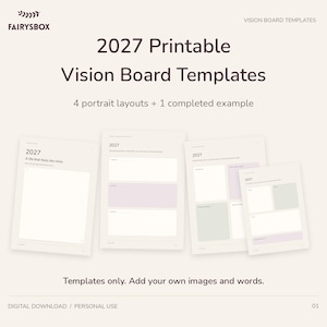 Op de afbeelding: Een set van 2027 printbare vision board sjablonen met vier staande lay-outs en één ingevuld voorbeeld. De digitale download bevat pagina's met lege secties voor afbeeldingen en tekst, gelabeld met het jaar 2027 en de merknaam FAIRYSBOX.