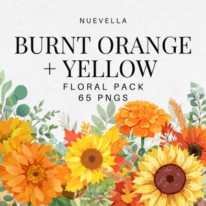 Burnt Orange & Yellow Floral Clipart Bundle – 65 PNGs | Fall Watercolor Flowers | Boho Autumn Aesthetic | Commercial Use
