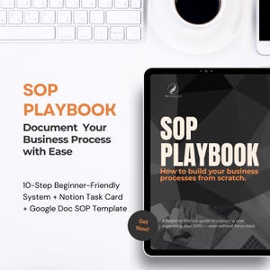 May include: A digital tablet shows the title "SOP PLAYBOOK" in a bold, orange font, with the subtitle "How to build your business processes from scratch." The image also includes a keyboard, coffee cup, and phone.