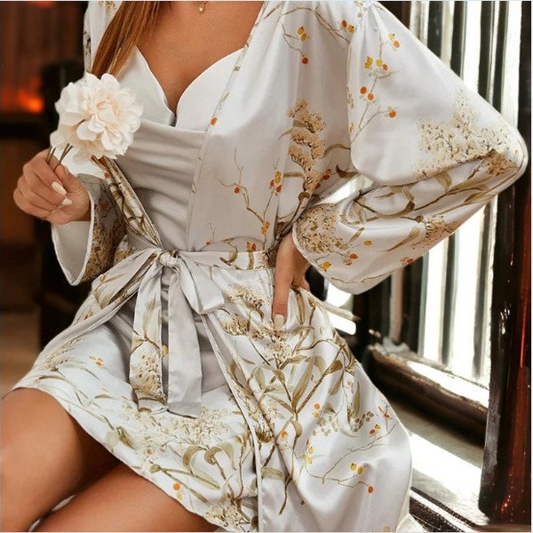 Luxurious Silk Nightgown and Satin Pajama Set, Silk Robe and Satin Pajama Bundle for Beautiful Nights.