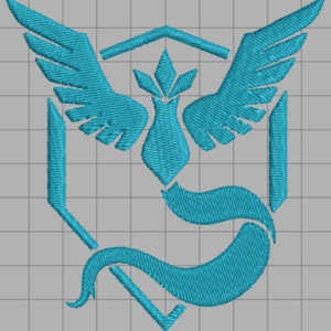 May include: A blue embroidered patch featuring a stylised bird design, a ribbon, and a geometric shape. The design is reminiscent of a crest or emblem.