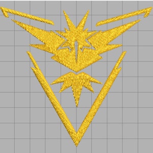 Puede incluir: Un diseño bordado amarillo de un pájaro estilizado con una estrella en el centro. El pájaro está en forma de V con las alas extendidas.