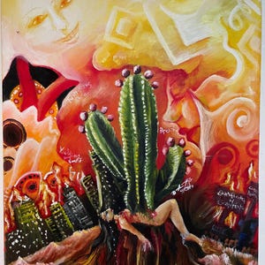 May include: An abstract painting featuring a large green cactus with pink fruit, a cityscape, and a reclining figure. The background is a mix of orange, red, and yellow hues, with a smiling face and geometric shapes.