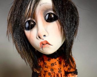 OOAK Art Doll Dorothy: Hand-Sculpted Witch Sculpture, Vintage Fabric Clothing, Glass Eyes