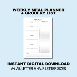 Planificador de comidas semanal imprimible con plantilla de lista de compras, planificador de menú de 7 días, organizador de alimentos y artículos del hogar, tamaño A4, A5, carta, media carta