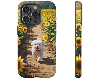 Bichon Dog Running In The Sunflower Field iPhone Samsung Google Pixel Protective Tough Phone Case