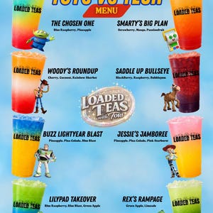 May include: A menu titled TOYS VS TECH featuring eight plastic cups of layered colorful drinks labeled LOADED TEAS. Each drink is paired with a character or icon including an alien, robot, cowboy, horse, space ranger, cowgirl, frog, and dinosaur.