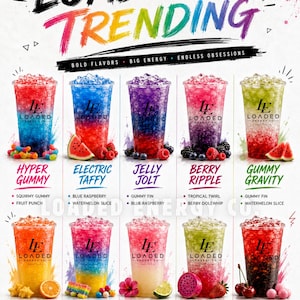 May include: A promotional poster titled LOADED & TRENDING featuring ten clear plastic cups filled with colourful layered energy drinks. Each cup displays the LOADED ENERGY CO. logo and is surrounded by fresh fruit and candy garnishes.