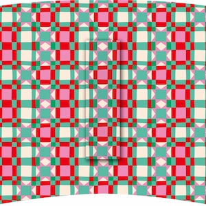 May include: A patterned design featuring a repeating grid of red, pink, green, and cream-colored squares. The design is on a curved surface, creating a unique visual effect. The pattern is symmetrical and visually appealing.