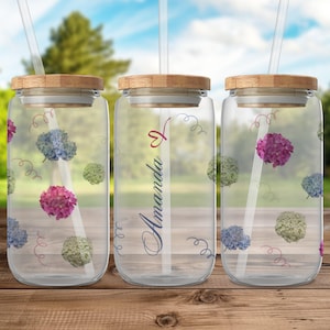 Hydrangea Blossom Can Glass, Custom Floral Design Can Glass, Personalized Hydrangea Can Glass, Unique Flower Can Glass Gift