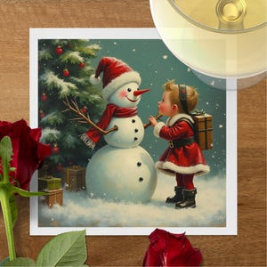 Christmas Napkins Cute Snowman and Child Design Holiday Table Decor Pack of 4 Xmas Napkins Winter Party Supplies