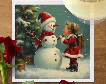 Christmas Napkins Cute Snowman and Child Design Holiday Table Decor Pack of 4 Xmas Napkins Winter Party Supplies