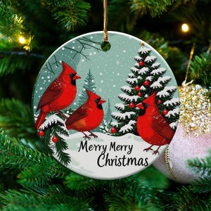 Merry Christmas Ornament, Cardinal Birds Holiday Decoration, Winter Wonderland Christmas Tree, Festive Christmas Decor