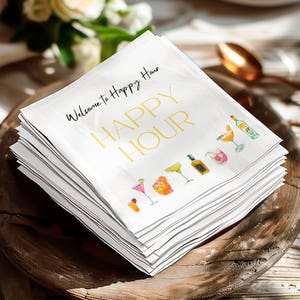 Tovaglioli di benvenuto per l'happy hour, decorazioni per cocktail party, accessori per carrello bar, tovaglioli per bevande divertenti, tovaglioli a tema happy hour