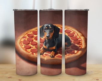 Dachshund en Pepperoni Pizza Digital PNG, lindo perro y amante de la pizza diseño de vaso, descarga gráfica de vaso único